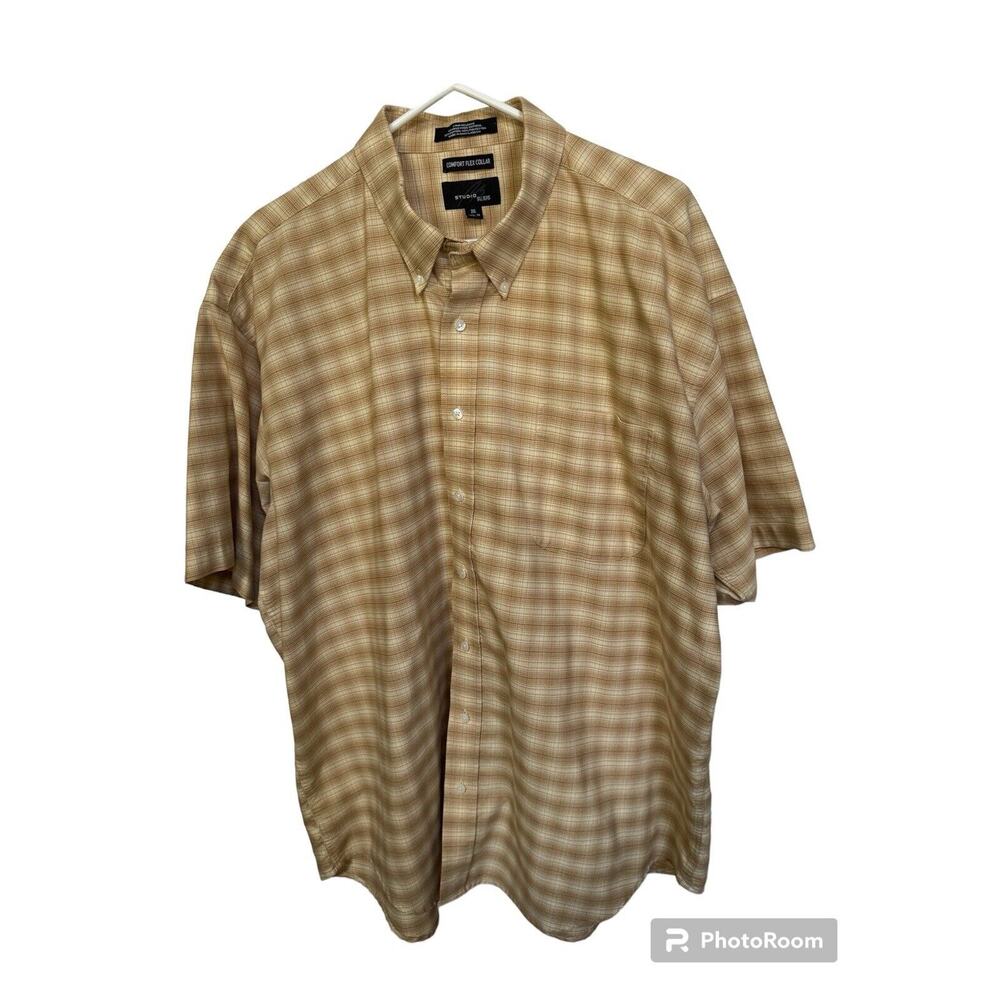 Studio Bill Blass Button Up Shirt Men's XXL 2XL Golden Brown Short Sleeve‎ READ